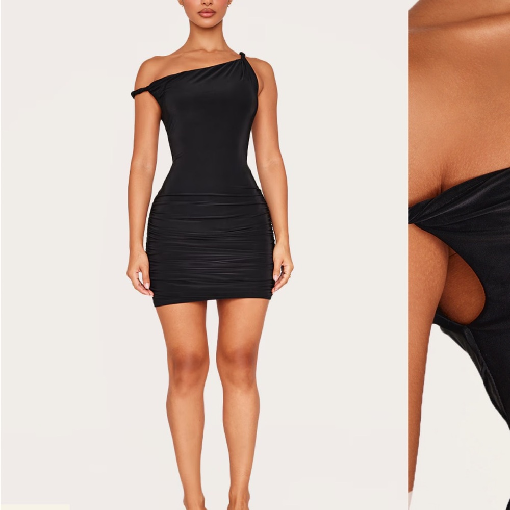 PLT PETITE BLACK DOUBLE SLINKY ASYMMETRIC NECKLINE TWIST DETAIL MINI DRESS